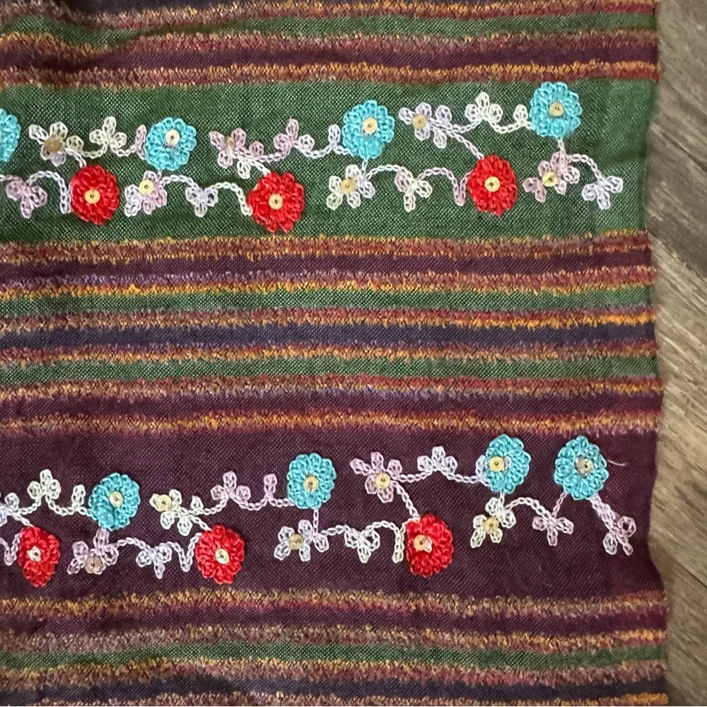 🛍️2/$10🛍️Embroidered Multicolor Fringe Scarf - Gold, Purple, Green, Burgundy - Picture 3 of 5
